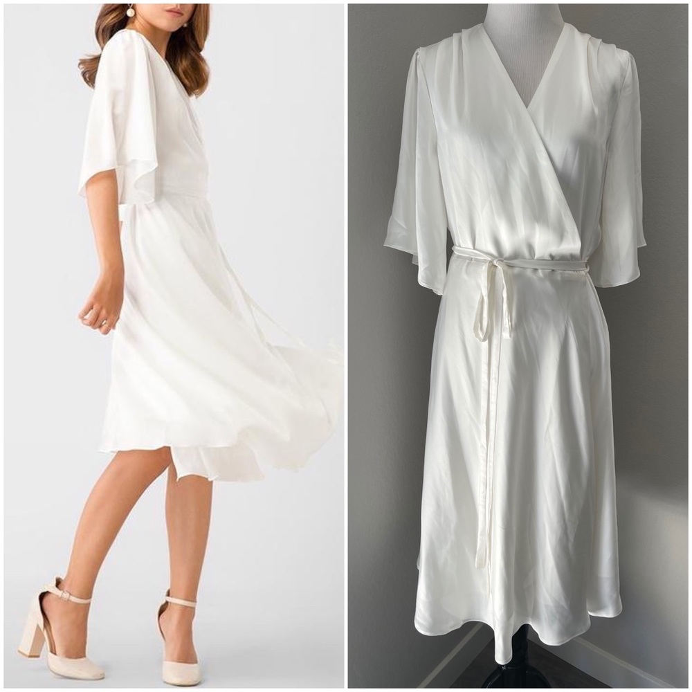 Flutter Sleeve Silk Satin Wrap Midi Dress